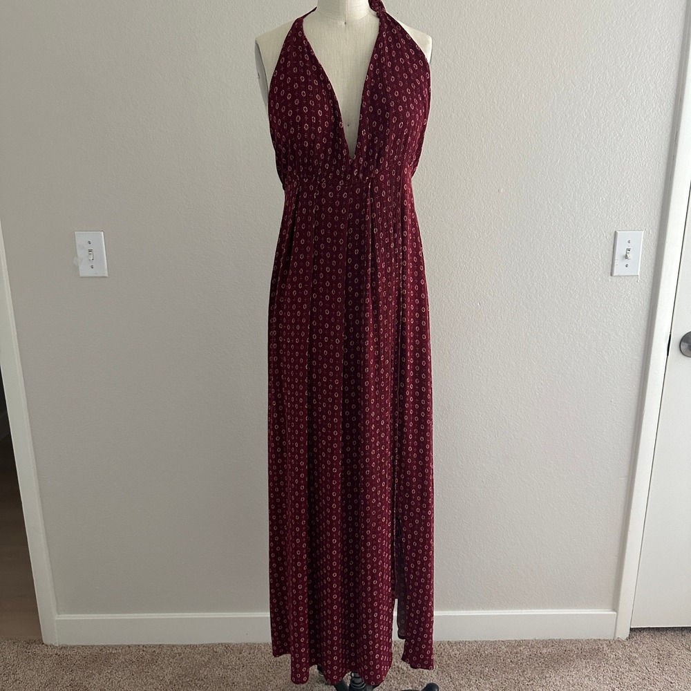 Skylar + Madison Maxi Dress L Burgundy Red Halter Deep V Open Back Boho Slit